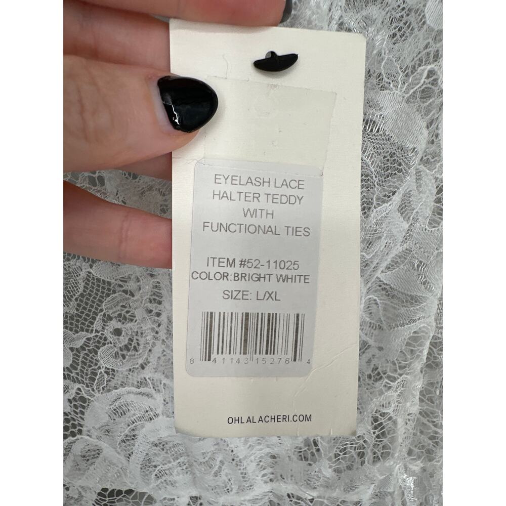 Oh La La Cherie Teddy Lingerie L XL White Eyelash Lace Halter Tie Bow Sheer New - Picture 2 of 8